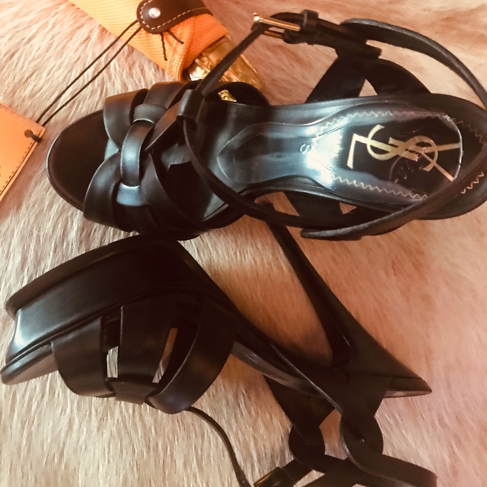 YSL BLACK LEATHER Tribute Platform Sandal, 37